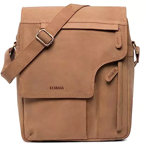 LEABAGS Leder Umhängetasche Herren & Damen I Echtleder Laptoptasche bis 13 Zoll I Messenger Bag mit Schultergurt I Schultertasche I Arbeitstasche I Tragetasche I Handtasche I Nature Hellbraun