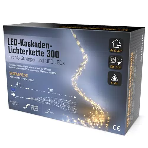 leds.de Kaskaden-Lichterkette warmweiß, 300 LEDs, 1m I Weihnachtsbeleuchtung für außen I Umweltfreundliche Weihnachtsbaum Lichterkette I Christbaumbeleuchtung
