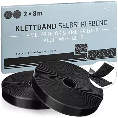 LIVAIA Klett Klebeband zum Ordnen: 2x 8m Klettband Selbstklebend für das Ankleben von Utensilien an Wand oder Tisch Organizer Klebeband Wand Ordnung Management Hakenband Klett Selbstklebend