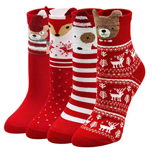 LOFIR Bunte Lustige Socken Damen Weihnachtssocken Tiermuster Cartoon Strümpfe aus Baumwolle Mädchen Weihnachtenstrümpfe mit Geschenkbox