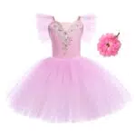 Mädchen Ballettkleid Rüschenärmel Spitze Rock Tütü Balletttrikot + Haarspange Kinder Ballettkleidung Ballettanzug Tanzkleid Tanzbody Skaten Gymnastik Tanzbekleidung Ballerina Kostüm Rosa 5-6 Jahre