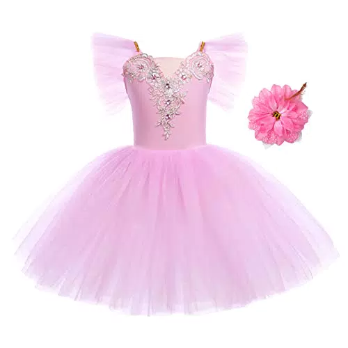 Mädchen Ballettkleid Rüschenärmel Spitze Rock Tütü Balletttrikot + Haarspange Kinder Ballettkleidung Ballettanzug Tanzkleid Tanzbody Skaten Gymnastik Tanzbekleidung Ballerina Kostüm Rosa 5-6 Jahre