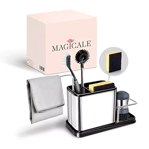 magicale Spülbecken Organizer inkl. Schwamm - Ordnungshelfer Edelstahl für Spüle - Aufbewahrung Spülutensilien mit Schwammhalter Küche - Spülorganizer rostfrei & spülmaschinengeeignet - Sink Caddy