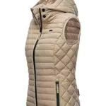 MARIKOO Damen Übergangsjacke leichte Steppweste mit Abnehmbarer Kapuze Hasenpfote Taupe Gr. 3X