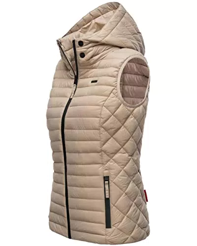 MARIKOO Damen Übergangsjacke leichte Steppweste mit Abnehmbarer Kapuze Hasenpfote Taupe Gr. 3X