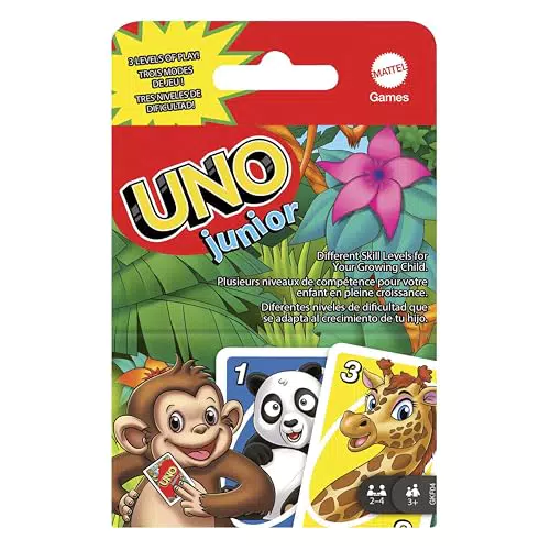 Mattel Games Uno Junior, Uno Kartenspiel, vereinfachte Version mit liebenswerten Zootieren und 3 Schwierigkeitsstufen