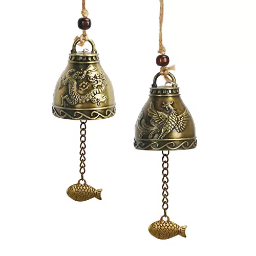 MEETANG 2 Stück Feng Shui Chimes Segen Glocken Dragon Phoenix Windspiel Chinesische Antike Klangspiele Fengshui Glocken Buddha Windspiele Wind Chimes Metal für Hausgarten Hängen Glück Segen