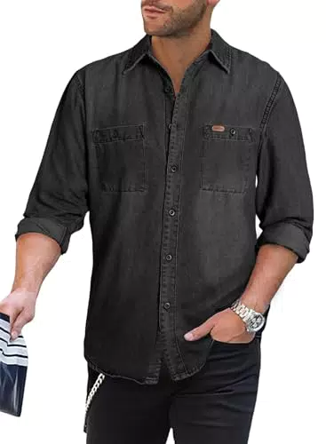 Meilicloth Hemd Herren Langarm Jeanshemd Denim Shirt Herrenhemd Western Cowboy Hemden Vintage Arbeitshemd Freizeithemd Trachtenhemd Männer Button-Down-Kragen Regular Fit Schwarz