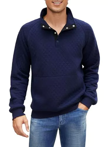 Meilicloth Herren Sweatshirt Langarm Pullover Casual Rautenmuster mit Half Stehkragen und Knopfverschluss Pullover Sweater Männer Blau