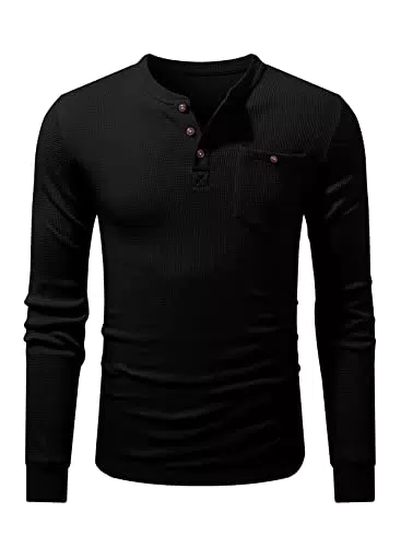 Meilicloth Pullover Herren Henley Shirt Waffle Baumwolle Langarmshirt Männer Long Sleeves Knopf Hemden Casual Schwarz