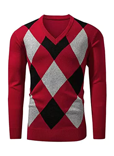 Meilicloth Pullover Herren V Ausschnitt Argyle Casual Rot Schwarz