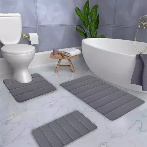 Memory Foam Badematten Set 3 StüCk Badteppiche Set Toilettenmatten Superweich Bequem Wasserabsorbierend Dick Rutschfest Pvc RüCkseite Maschine Waschbar Leichter Zu Trocknen FüR FußMatten
