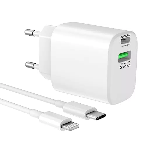 MICFLIP 20W Schnellladegerät 2 Port Ladegerät mit 1m Typ C auf Lightning Kabel kompatibel mit iPhone 14/13/12/11 Pro Max Xs X XR 8 7 iPad iPod