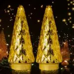 MJ PREMIER Glas Weihnachtsbaum, 2er Set Mini Weihnachtsbaum mit LED Batteriebetrieben Tischleuchte& Timer