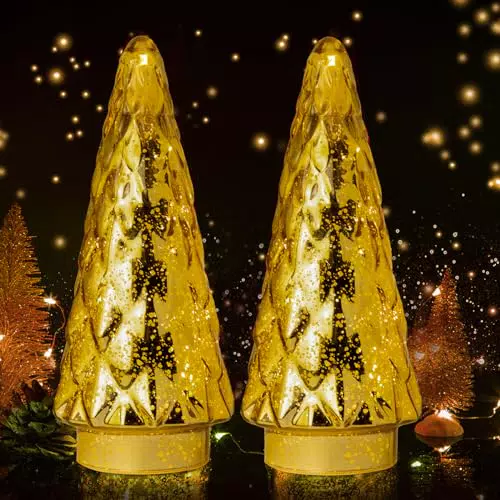 MJ PREMIER Glas Weihnachtsbaum, 2er Set Mini Weihnachtsbaum mit LED Batteriebetrieben Tischleuchte& Timer