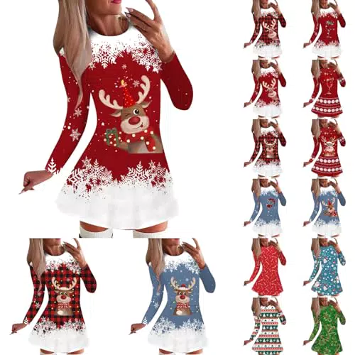 Modaworld Weihnachtskleid Damen Lustig Rentier Pulloverkleid Sexy Rundhals Minikleid Herbst Winter Kleider Langarm Kleid Weihnachtsfest Freizeitkleid