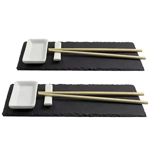 Moritz & Moritz 10-tlg. Sushi Platte Schiefer mit Dipschalen für 2 Personen - 30x10 cm - Sushi Geschirr Schieferplatten mit Stäbchen Ablagebänkchen Dipschalen Schiefertellern