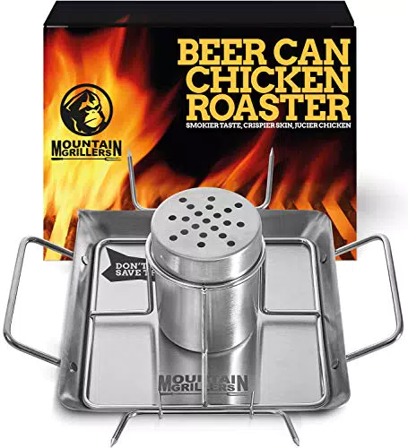 Mountain Grillers Brathähnchen-Bräter aus Edelstahl - Bierdose für Hähnchengrill - Grillzubehör für Barbecue - BBQ Accessoire mit 4 Gemüsespießen