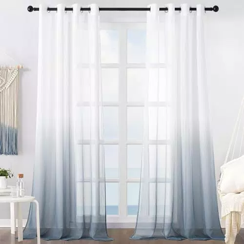 MRTREES Voile Gardinen Farbverlauf Leinenoptik Transparent Vorhang Kurz Tüllvorhang mit Ösen in Grau Weiß Verlauf 260×140cm Modern für Dekoration Kinderzimmer Wohnzimmer Schlafzimmer 2er-Set