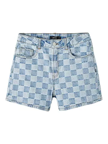 name it Girl's NLFCHECKIZZA DNM HW MOM Shorts, Medium Blue Denim/Checks:Checks