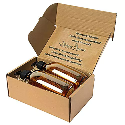 Nomara Organics Seifenspender Set 2 x 500 ml Bernstein Glas Verpackt auf Stroh