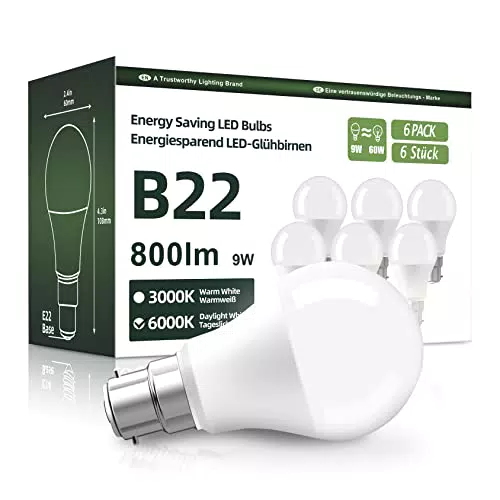 OGADA LED Lampe, 9W LED Glühbirne, 800 Lumen, B22 Sockel Led. Kaltweiß 6000K
