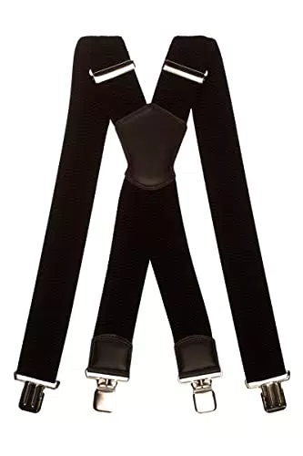 Olata Extra Breite Herren Hosenträger X-Form Metall Clip mit Schwarz Leder 5 cm. Schwarz