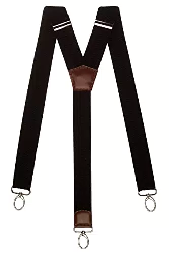 Olata Extra Breite Herren Hosenträger Y-Form mit Braun Leder und Karabinerhaken 4 cm. Schwarz