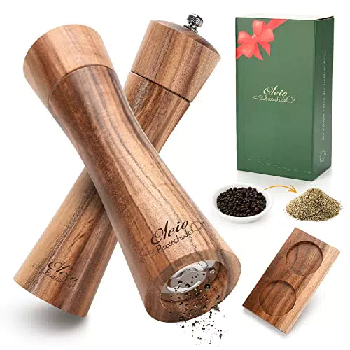 Oleio Buxtehude Salzmühle und Pfeffermühle Holz mit Keramikmahlwerk - Gewürzmühle im Set mit Untersetzer I Edle Verarbeitung
