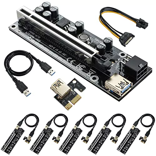 PCIe Riser Powered Adapter Card 1X to 16X, PCI-E GPU Risers 8 Capacitors for Bitcoin Litecoin ETH Coin Mining with Led Graphics Extension +60cmUSB 3.0 Cable and 6-Pin SATA Power Cable