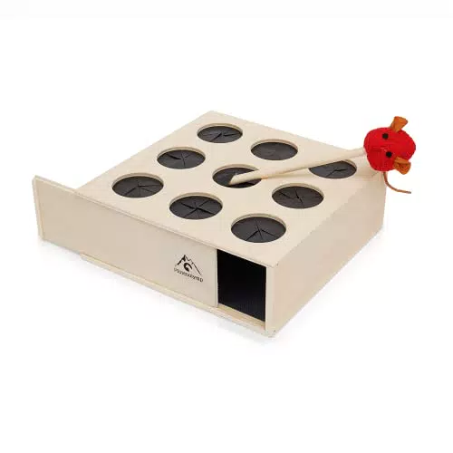 Pfotenolymp interaktives Katzenspielzeug Box/Holzspielzeug mit Stab - Spielzeug/Fummelbox aus Sperrholz - Maulwurfspiel/Fangspiel/Jagdspiel für alle Katzen