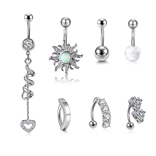 PiercingJak 7er Chirurgenstahl Bauchnabelpiercing 14G Bananabell Piercing Silber Bauchnabel Ring Nabelpiercing mit Kugel CZ Blume Körperschmuck für Damen Herren