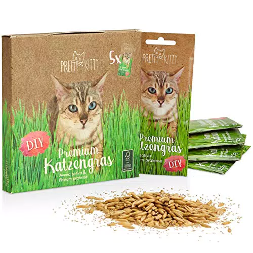 PRETTY KITTY Premium Katzengras Saatmischung: 5 Beutel je 25g Katzengras Samen für 50 Töpfe fertiges Katzengras Eine grüne Katzen Wiese Natürliche Katzen Leckerlies Pflanzen Samen - Grassamen