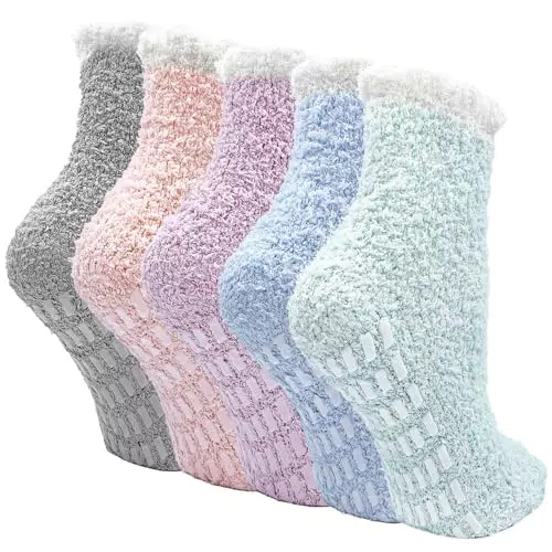 PUTUO Kuschelsocken für Damen Flauschige Socken: Warme Winter Stoppersocken mit Noppen für Frauen Haussocken Bettsocken Plüschsocken Wintersocken antirutsch 5 Paar 35-41