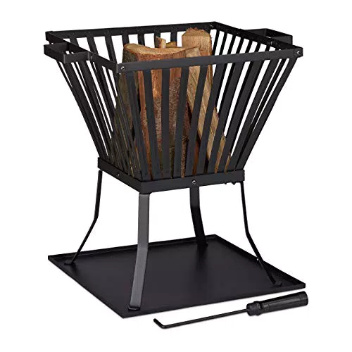 Relaxdays Feuerkorb XL mit Schürhaken, Terrasse u. Garten Feuerschale mit Unterlage