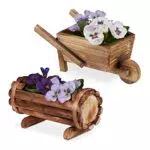 Relaxdays Pflanzengefäß Holz, 2 Stück, Pflanzschubkarre & halbes Blumenfass