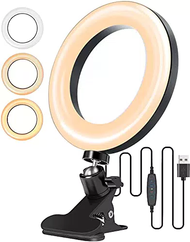 Ringlicht für Monitor 6.3" Ringleuchte 3 Lichtfarben+10 Helligkeiten 360°drehbar Tischringlicht mit Federclip festklemmbar für YouTube Live-Stream Selfie Portrait Volg Schminken