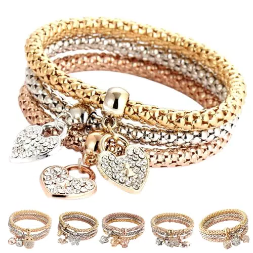 routinfly Armbänder Damen 3PCS, Mehrschichtige Armbänder - Gold/Rose Gold Mais Kette Armband für Frauen Herz Geformt Stretch Armband mit Charm für MäDchen Freunde Geschenk Schmuck-Sets