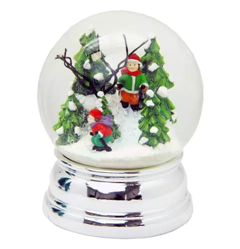 Schneekugel Skifahrer Wintersport Winterwald Silber Sockel geschwungen