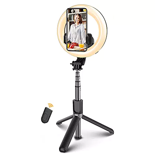 Selfie Ringlicht 6.3'' Ringleuchte mit Stativ Handyhalter Fernbedienung 3 Lichtmodi + 3 Helligkeitsstufen tragbares LED-Ringlicht für iPhone Samsung