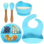 SLFYEE 5 Stück Baby Geschirrset Silikon Baby Teller Rutschfest Geschirr Set mit Baby Lätzchen BPA-frei Kindergeschirr Set Löffel Selbstfütterung Set Blau