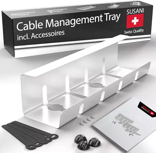 SUSANI Kabelkanal Schreibtisch Kabelkanal Weiß Extra lang 42x12x11 Kabelmanagement Schreibtisch für Organisation und Ordnung am ArbeitsplatzInkl. Zubehör