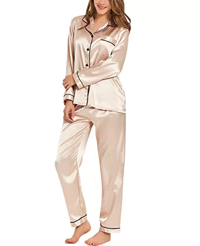 SWOMOG Satin Damen Schlafanzug mit Knopfleiste Langarm Nachtwäsche Pyjamas Set Zweiteiliger Nachtwäsche Hausanzug Champagner