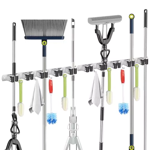 TAIKOUL 2 Stück Besenhalterung Wand, Edelstahl Gartengerätehalter mit 5 Halter 4 Haken Besenhalter Selbstklebend Gerätehalter Wandhalterung für Küche