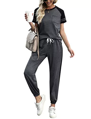 Terecey Damen Sportanzug Set Jogginganzug Zweiteiler Trainingsanzug Kurzarm Baumwolle Freizeitanzug Rundhals Hausanzug Tops Sporthose