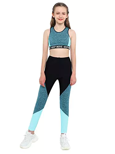 TiaoBug Mädchen Sport BH Jogginghose Sport Leggings Yoga Hose Trainingshose Sport Bustier ohne Bügel Yoga Fitness Training Bekleidung Set Grün Farbblock 170-176