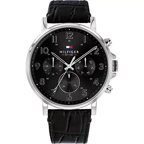 Tommy Hilfiger Multi Zifferblatt Quarz Uhr für Herren mit Schwarzes Lederarmband - 1710381