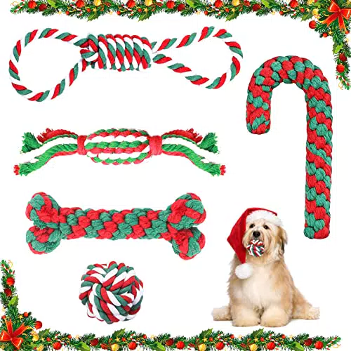 TOPJOWGA Weihnachten Hunde Kauspielzeug, 5 Stück Weihnachts-Zuckerstangen-Seil