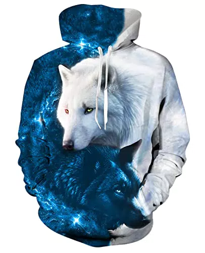 TUONROAD Hoodies Herren Damen Neuheit 3D Galaxis Wolf Grafik Printed Kapuzenpullover Pullover Langarm Drawstring Taschen Kapuzen-Sweatshirt mit Fleece-Innenseite