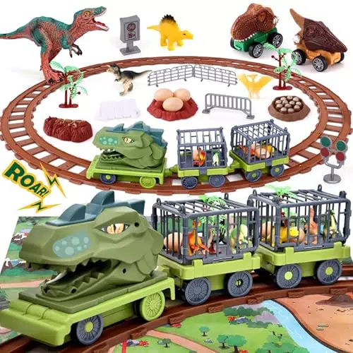 vamei Dinosaurier Spielzeug LKW mit Autorennbahn Dino Rennstrecke Auto Spielzeug Dinosaurier Transport Truck mit Musik Dinosaurier Figuren Geschenk für Kinder Junge 3 4 5 6 7 8 Jahre